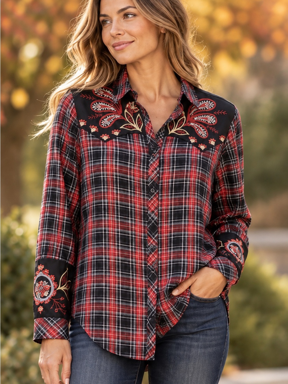 Johnny Was Red and Black Plaid Embroidered Yoke Button-Down Shirt NWT